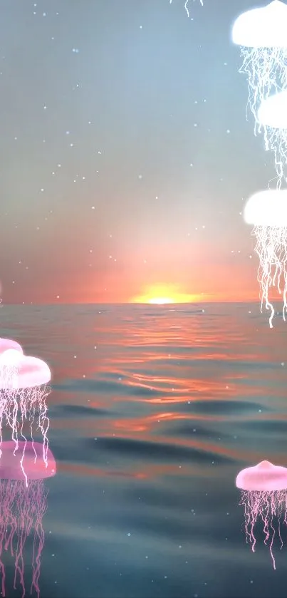 Enchanting sunset ocean scene with jellyfish floating gracefully.