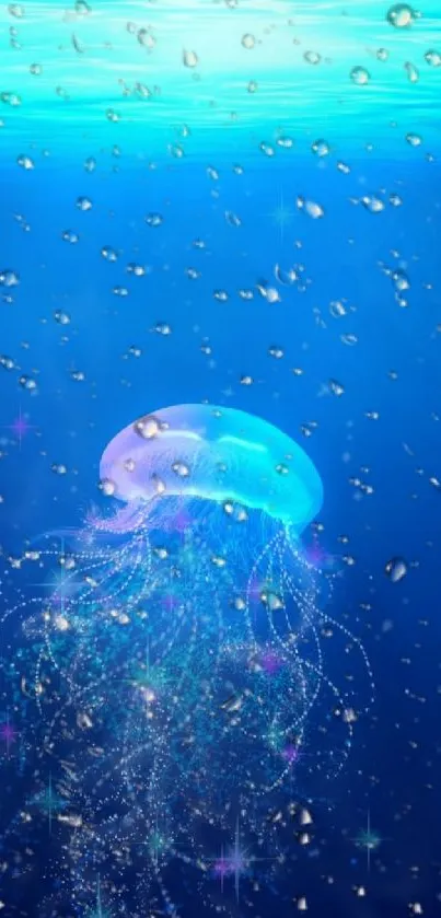 Glowing jellyfish amidst underwater bubbles on a blue background.