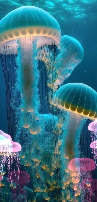 Glowing jellyfish swimming underwater in a serene ocean scene.