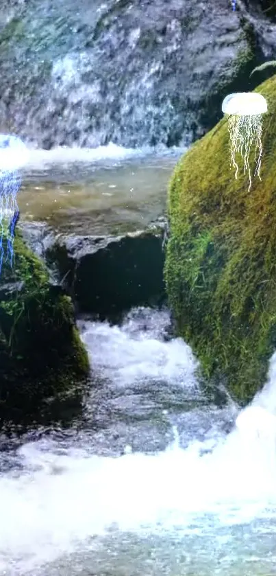 Jellyfish gracefully float around a mossy waterfall.