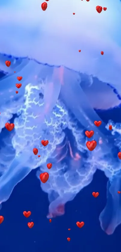 Blue jellyfish with red floating hearts in vibrant ocean scene.