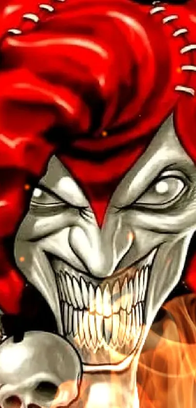 Artistic jester skull wallpaper with red hair on black background.