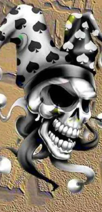 Jester skull wallpaper with a joker hat in a beige backdrop.