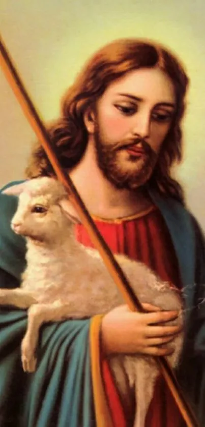 Jesus holding a lamb in serene art wallpaper.