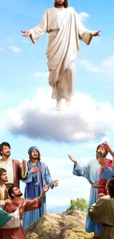 Jesus ascends into the sky, surrounded by disciples.