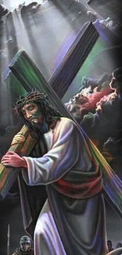 Artistic depiction of Jesus carrying the cross in a dark, spiritual atmosphere.