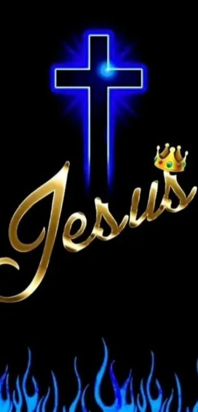 Jesus cross with gold crown and blue flames wallpaper.