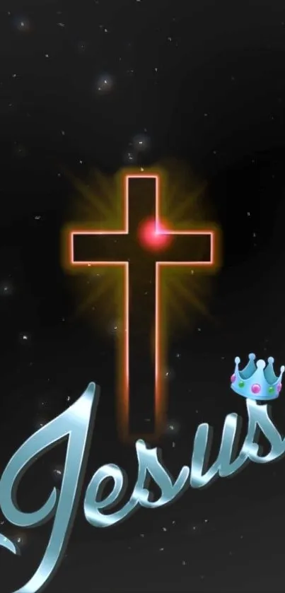 Glowing cross with 'Jesus' text mobile wallpaper.