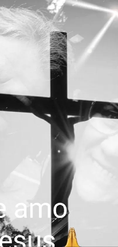 Grayscale image with Jesus cross overlay and 'Te Amo Jesus' message.