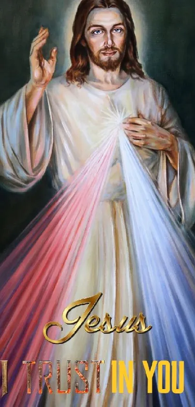 Jesus Divine Mercy with radiant light and trust message.