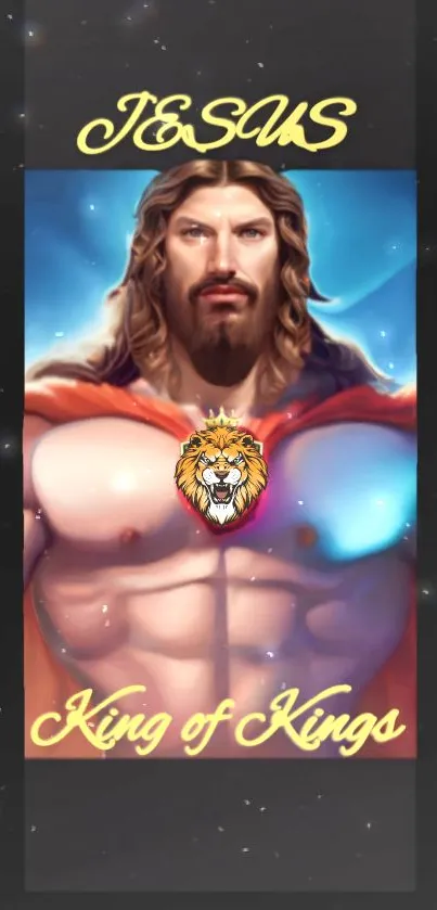 Jesus 'King of Kings' wallpaper with lion emblem and vibrant colors.