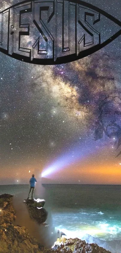 Stunning night sky with Jesus imagery and ocean in mobile wallpaper.