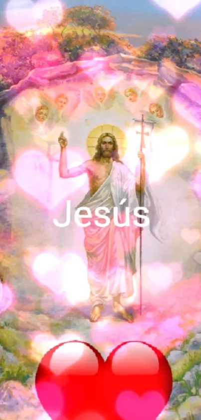 Jesus with radiant heart symbols and angels in a heavenly scene.