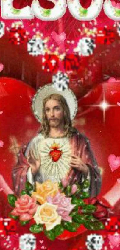 Sacred Heart of Jesus with roses in vibrant red wallpaper.