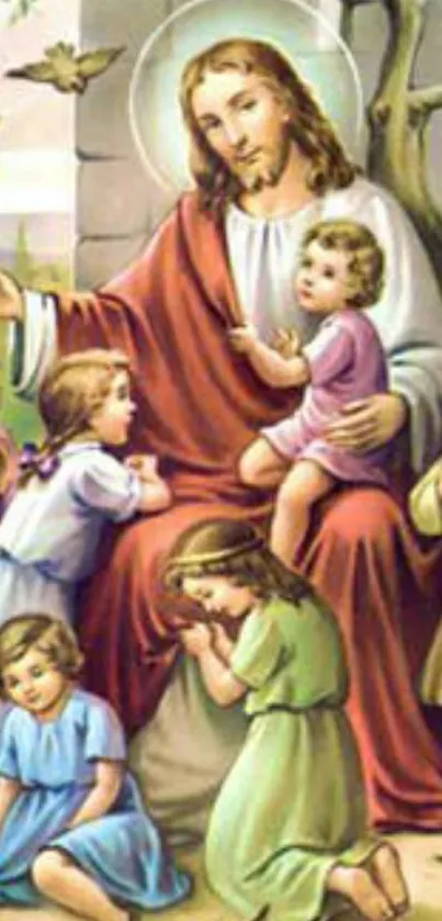 Illustrated Jesus with children in peaceful setting wallpaper.