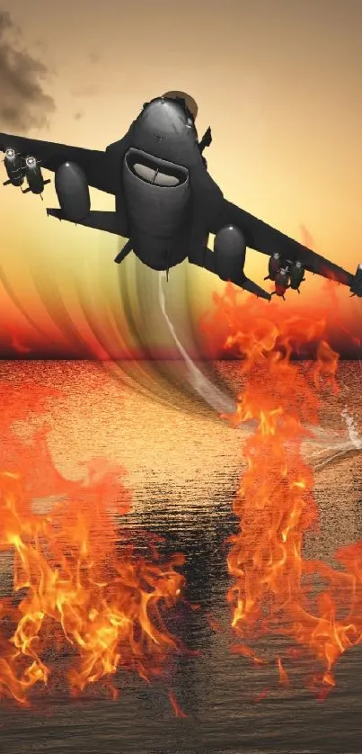 Jet flying above flames at sunset over water.