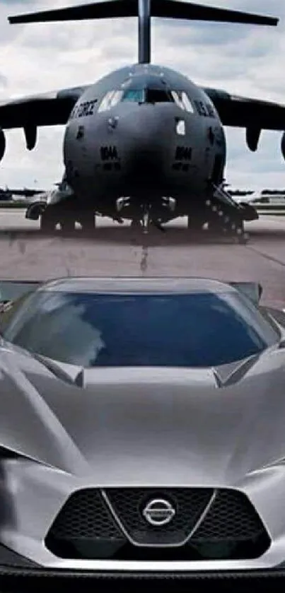 Gray supercar and jet on runway with dynamic design.