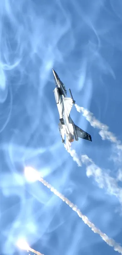 Jet soaring in sky with contrails creating a dynamic aerial display.