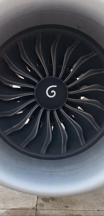 Close-up of a jet engine showcasing intricate turbine design.