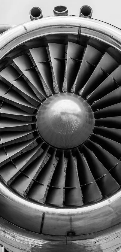 Close-up of a jet engine with metallic gray fan blades in high detail.