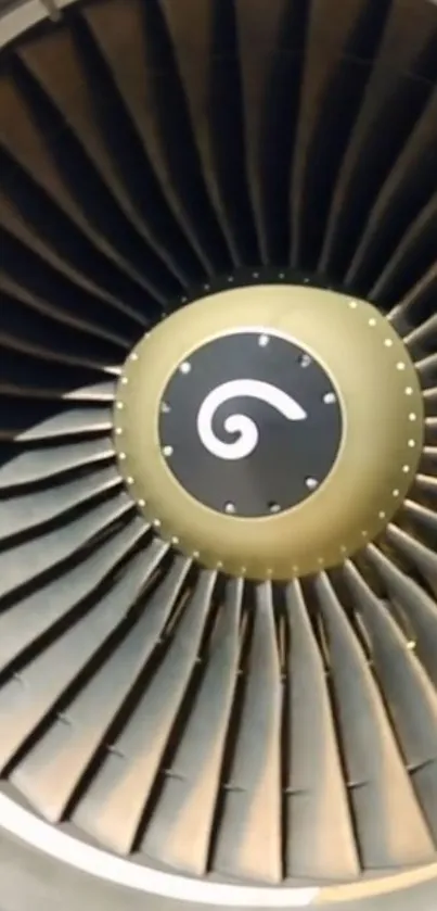 Close-up view of a jet engine turbine with detailed blades.