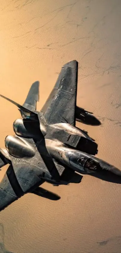 Fighter jet soaring through the sky with a beige background.