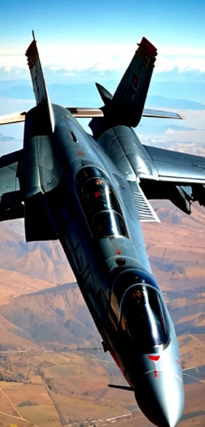 Dynamic jet fighter soaring above rugged landscapes with clear skies.