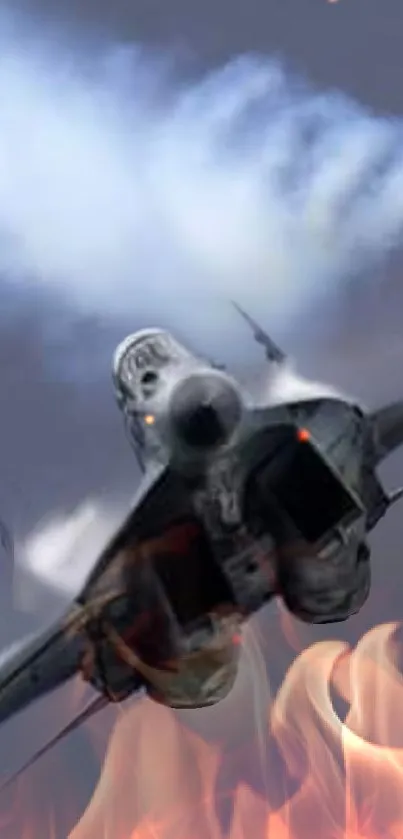 Jet fighter escaping through flames in the sky, featuring dramatic smoke trails.