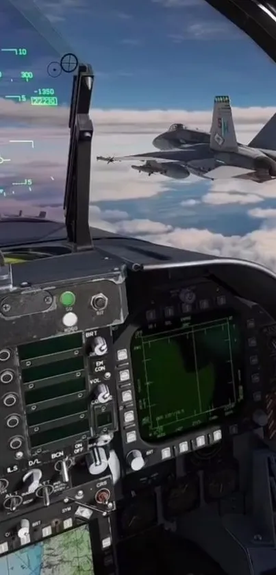 Cockpit view of a jet fighter with another jet in the sky, above the clouds.