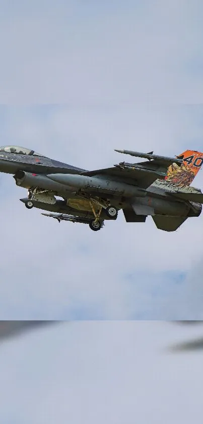 Jet fighter flying in blue sky, showcasing military prowess.