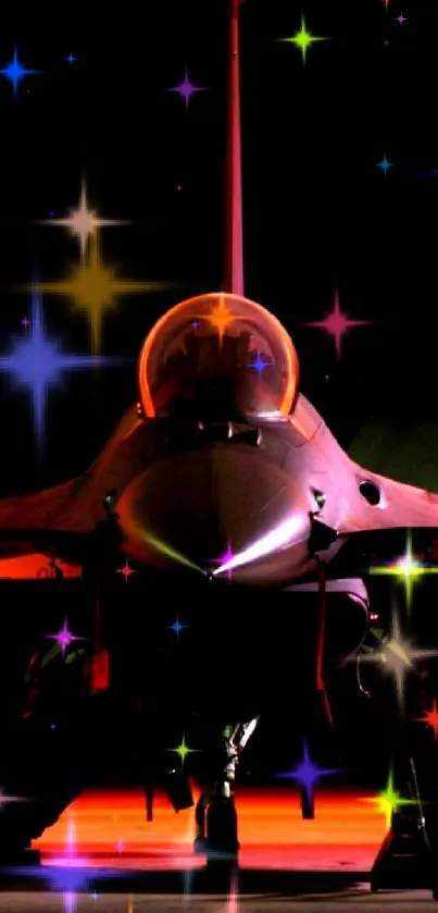 Jet fighter silhouette in vibrant night colors.