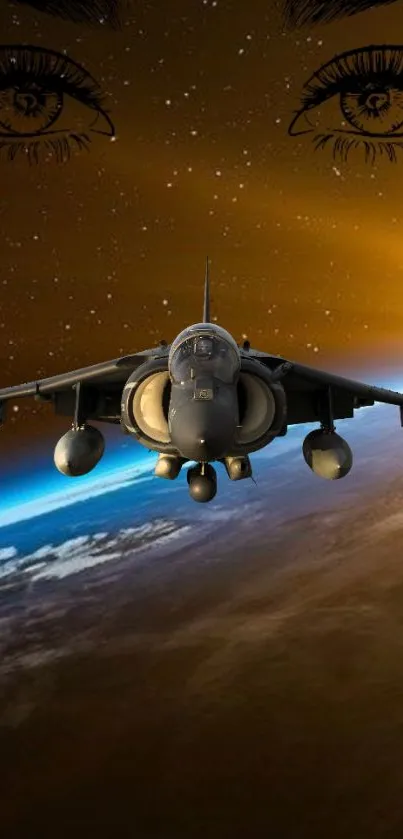 Jet fighter soaring over Earth with cosmic background.