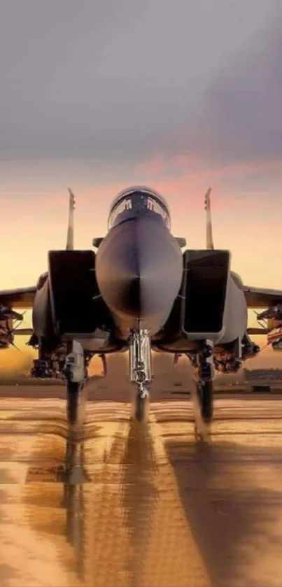 Jet fighter silhouette at sunset on runway.