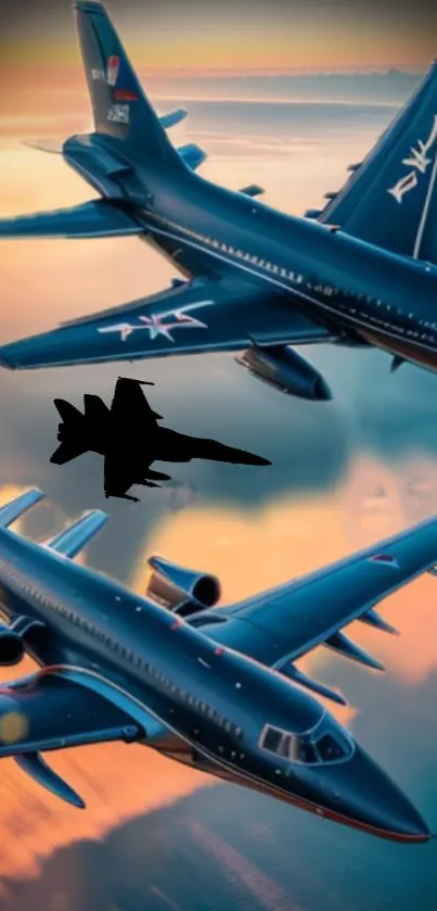 Jet fighters soaring through a sunset sky over a reflective ocean.