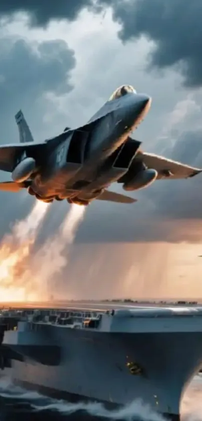 Jet fighter takes off from aircraft carrier at sea during dramatic sunset.