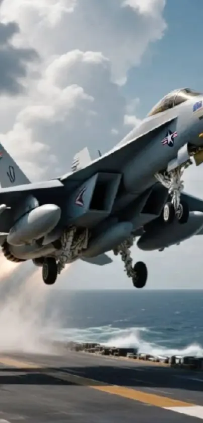 Jet fighter taking off from aircraft carrier with ocean background.