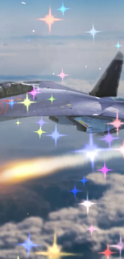 Jet fighter with colorful stars in a sky background.