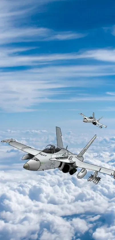 Jet fighters soaring above clouds against a vibrant sky.