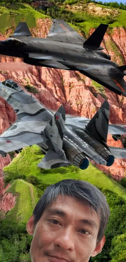 Jet fighters soaring over red canyon with green hills and clear skies.