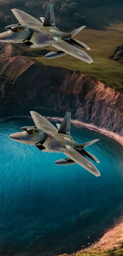 Jet fighters soaring above blue coastal water with cliffs.