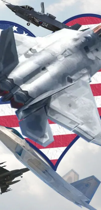 Jet fighters soaring over USA flag-themed mobile wallpaper.