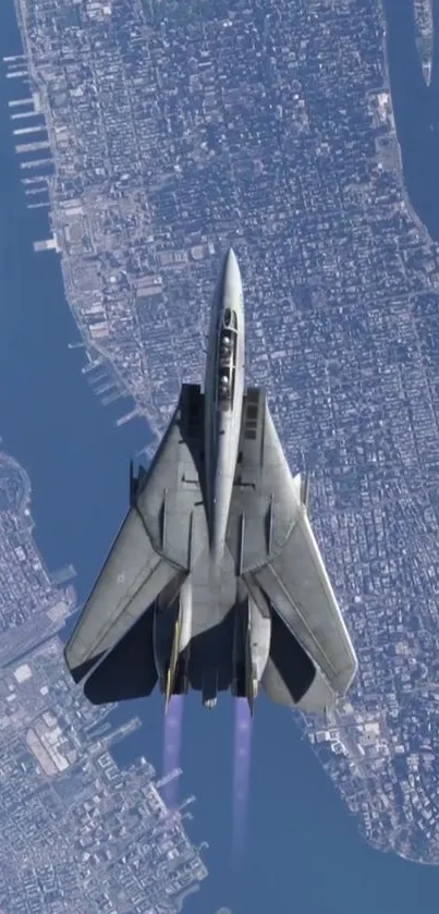 Jet flying over a detailed cityscape with blue surroundings.