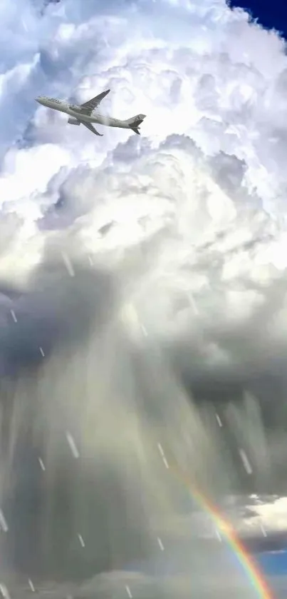 Jet airplane in rainy clouds with rainbow.