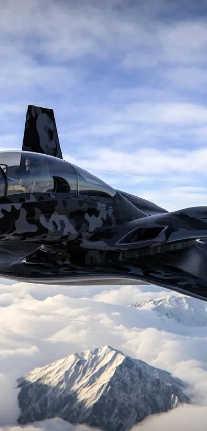 Sleek jet flying through cloudy sky over mountains.