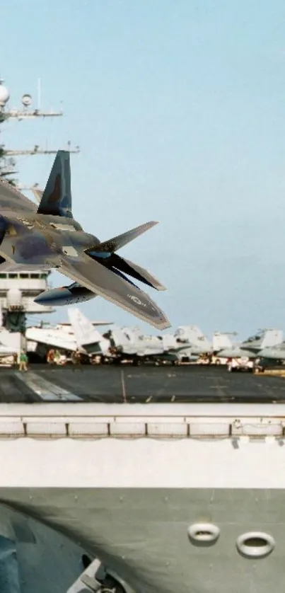 Military jet flying over an aircraft carrier at sea in a striking wallpaper image.