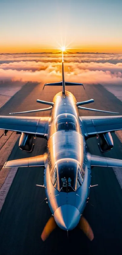 Jet plane on runway at sunset with vibrant colors and clouds.