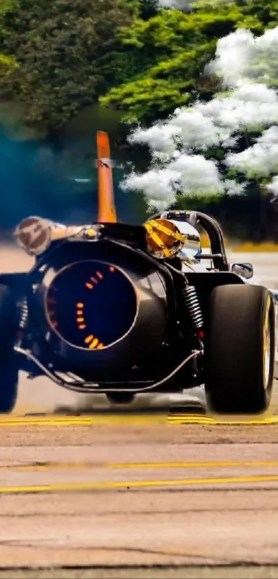 Jet-powered car racing down runway with smoke.