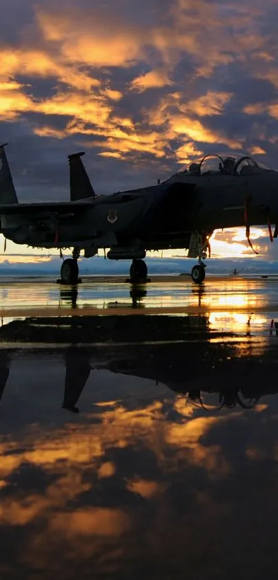 Jet silhouette with sunset reflection on water surface.