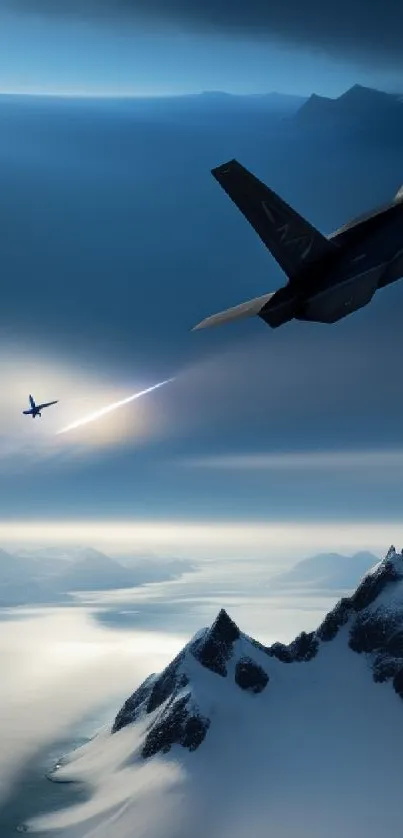 Jet flying over snowy mountains against a vibrant blue sky.