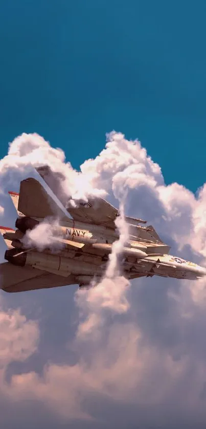 Fighter jet soaring through vibrant clouds in the sky.